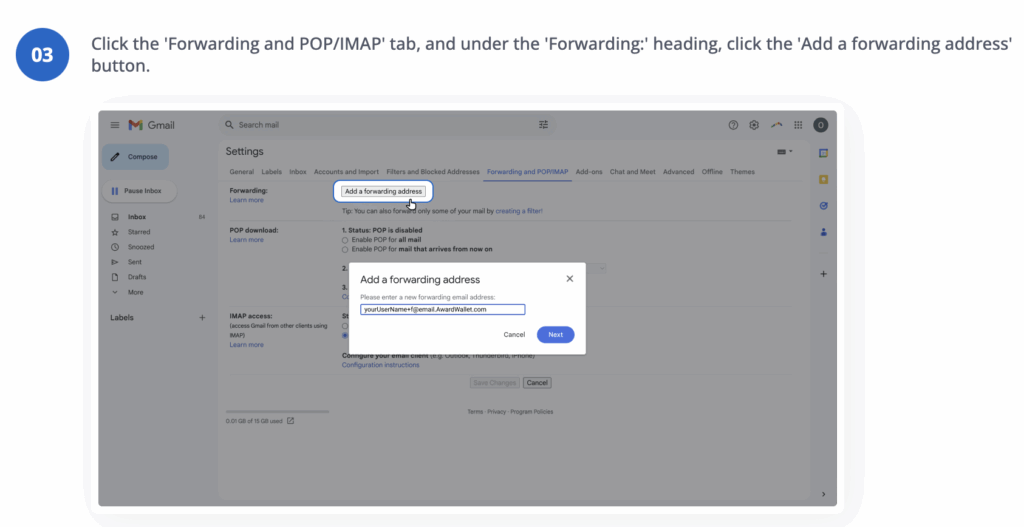 GMail forwarding settings.